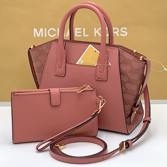 MICHAEL KORS AVRIL SMALL TOP ZIP SATCHEL & LARGE DOUBLE ZIP WRISTLET WALLET - Picture 3 of 16